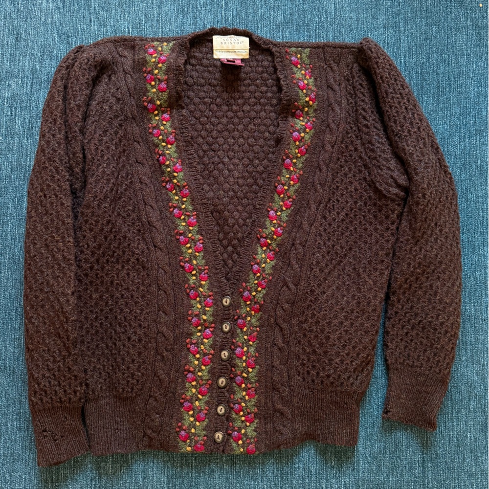 Susan Bristol Brown Knit Cardigan with Pink & Green Floral Embroidery